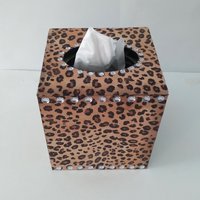 Leopard & Bling Tissue Box Cover - Decoupage Wood Tissue Holder with Cheetah Print and Clear Rhinestones 