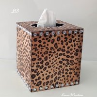 Leopard & Bling Tissue Box Cover - Decoupage Wood Tissue Holder with Cheetah Print and Clear Rhinestones 