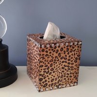 Leopard & Bling Tissue Box Cover - Decoupage Wood Tissue Holder with Cheetah Print and Clear Rhinestones 