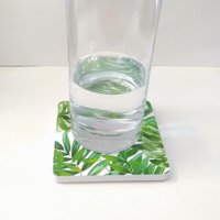 Tropical Palm Drink Coasters- Decoupage with green leaves on white background- Set of 2 