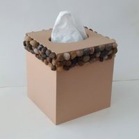 River Rock Tissue Box Cover - Handpainted beige with natural stone pebbles