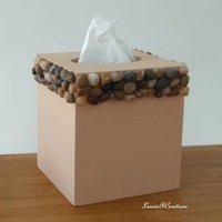 River Rock Tissue Box Cover - Handpainted beige with natural stone pebbles
