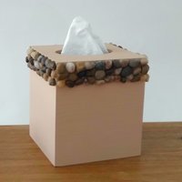 River Rock Tissue Box Cover - Handpainted beige with natural stone pebbles