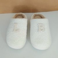 Bling Letter Slippers - Personalized Ivory & tan with pearl rhinestone initials