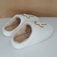 Cross Slippers - Ivory & tan with chenille gold lined cross 