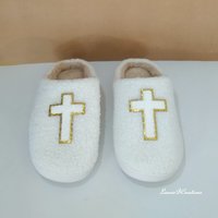 Cross Slippers - Ivory & tan with chenille gold lined cross 