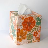 Orange Floral Tissue Box Cover- Decoupage with orange, green yellow and white flower design