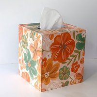 Orange Floral Tissue Box Cover- Decoupage with orange, green yellow and white flower design