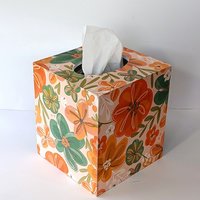 Orange Floral Tissue Box Cover- Decoupage with orange, green yellow and white flower design