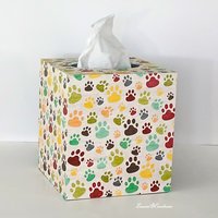 Paw Print Tissue Box Cover - Decoupage multi color paws tissue holder