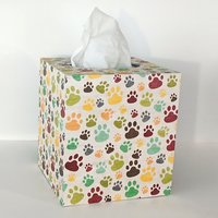 Paw Print Tissue Box Cover - Decoupage multi color paws tissue holder