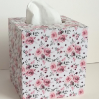 Floral Rose Tissue Box Cover - Decoupage white with shabby chic watercolor roses and leaves 