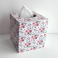 Floral Rose Tissue Box Cover - Decoupage white with shabby chic watercolor roses and leaves 