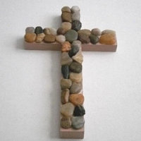 River Rock Wall Cross - Hand Painted Beige Wood Cross W/ River Pebble Rocks- 12" Natural Stone Cross for Home, Office, Patio