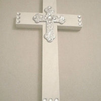 Bling & Glitter Cross- Handpainted Wood Cross in a Variety of Colors w/silver glitter cross and clear rhinestones - 9.5" or 12"