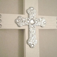 Bling & Glitter Cross- Handpainted Wood Cross in a Variety of Colors w/silver glitter cross and clear rhinestones - 9.5" or 12"