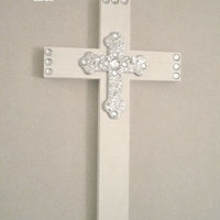 Bling & Glitter Cross- Handpainted Wood Cross in a Variety of Colors w/silver glitter cross and clear rhinestones - 9.5" or 12"