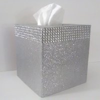 Silver Glitter & Diamond Wrap Tissue Box Cover-Fine Glitter-w/Silver Diamond Wrap Bling
