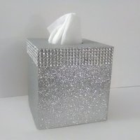 Silver Glitter & Diamond Wrap Tissue Box Cover-Fine Glitter-w/Silver Diamond Wrap Bling