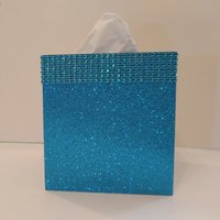 Aqua Blue Glitter & Diamond Wrap Tissue Box Cover-Sparkling Fine Glitter-w/ Diamond Wrap Rhinestone Bling