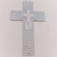 Silver Glitter & Bling Wall Cross - Sparkling Silver Prisma Glitter w/Silver and White Clear Rhinestone Center Crosses - 14" x 9"