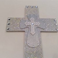 Silver Glitter & Bling Wall Cross - Sparkling Silver Prisma Glitter w/Silver and White Clear Rhinestone Center Crosses - 14" x 9"