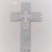 Silver Glitter & Bling Wall Cross - Sparkling Silver Prisma Glitter w/Silver and White Clear Rhinestone Center Crosses - 14" x 9"