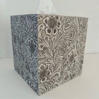 Floral Textured Tissue Box Cover- Embossed vinyl flower and swirl leaf design square tissue holder, home, bath