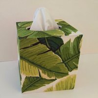 Palm Leaf Tissue Box Cover - Wood Tissue Holder w/Tropical Leaf Print Fabric