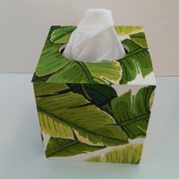 Palm Leaf Tissue Box Cover - Wood Tissue Holder w/Tropical Leaf Print Fabric
