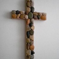 River Rock Wall Cross - Hand Painted Beige Wood Cross W/ River Pebble Rocks- 12" Natural Stone Cross for Home, Office, Patio