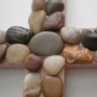 River Rock Wall Cross - Hand Painted Beige Wood Cross W/ River Pebble Rocks- 12" Natural Stone Cross for Home, Office, Patio