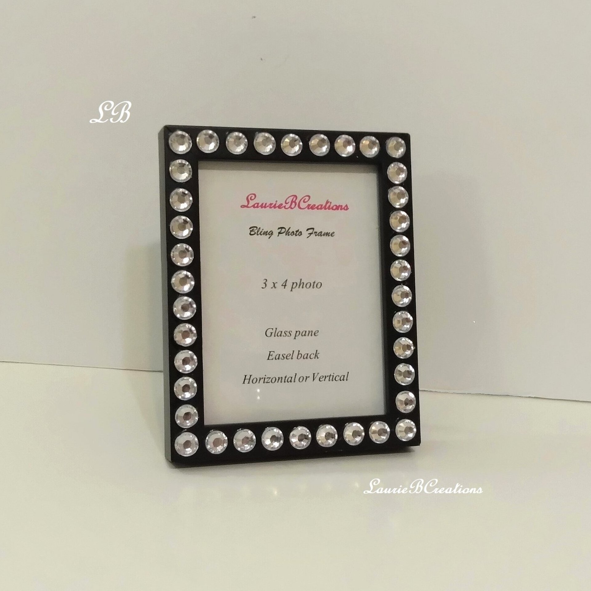 Bling Picture Frame - Black, White or Gray Mini Desktop Frame w/Clear Rhinestones - for 3" x 4" photos or info