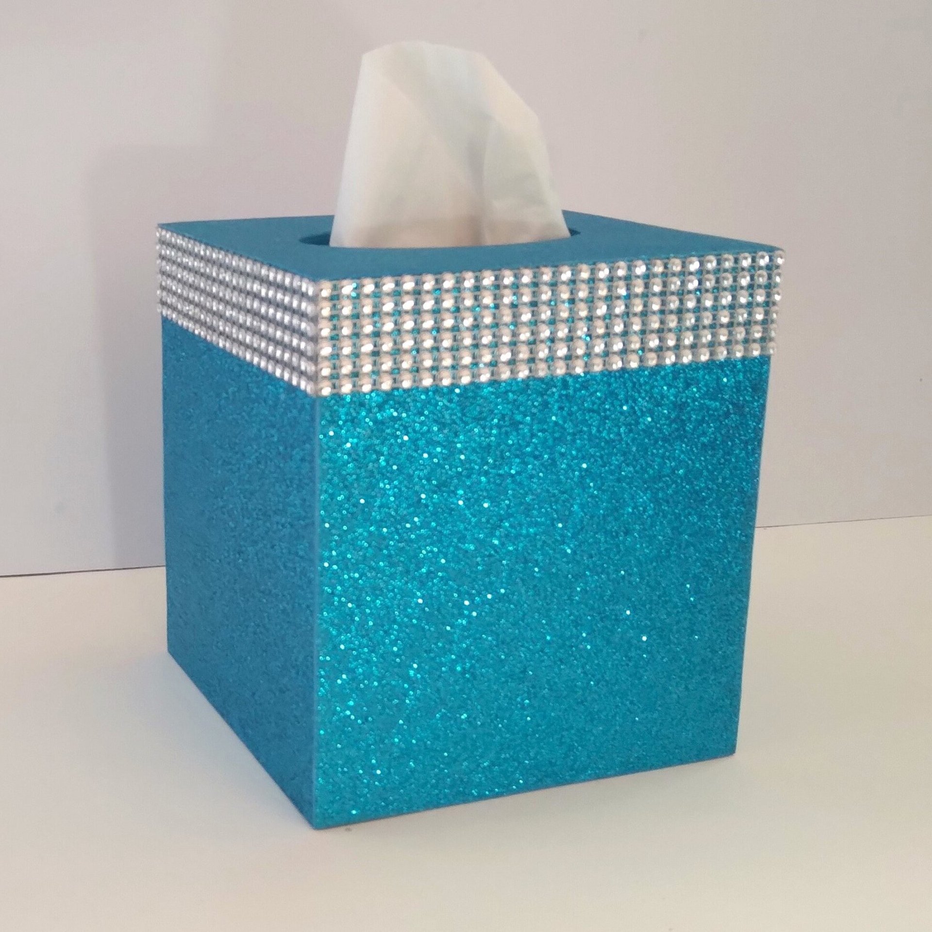 Glitter & Diamond Wrap Tissue Box Cover-Aqua blue fine glitter or a variety of colors-w/silver diamond wrap rhinestone bling