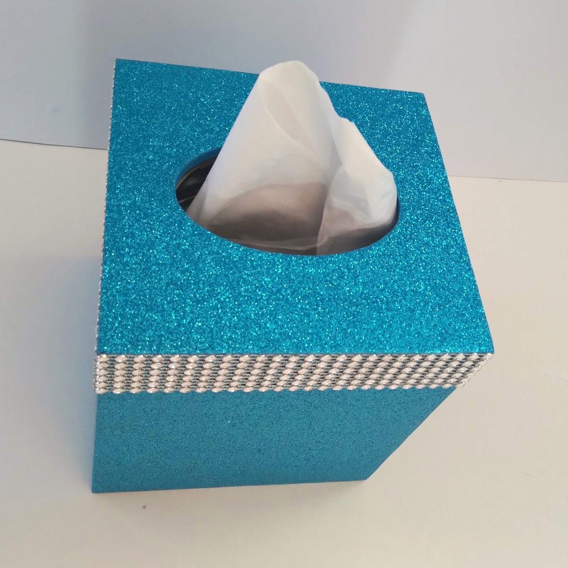 Glitter & Diamond Wrap Tissue Box Cover-Aqua blue fine glitter or a variety of colors-w/silver diamond wrap rhinestone bling