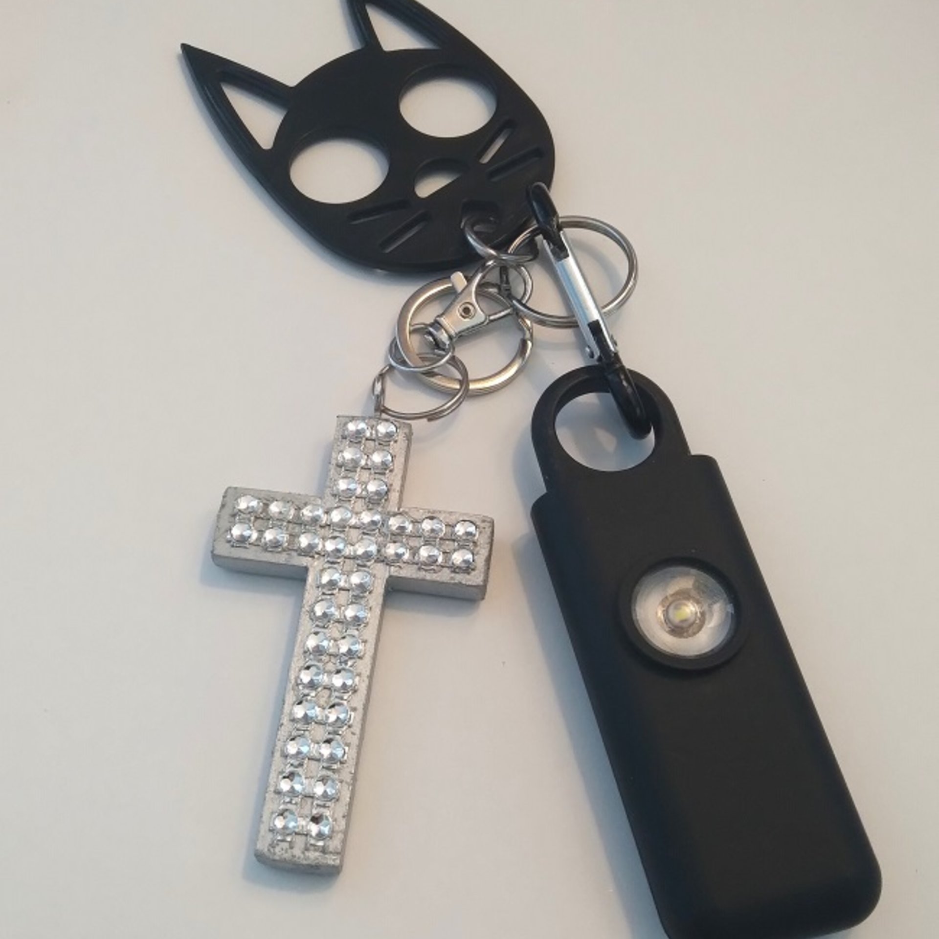 Bling Cross Keychain Safety Set -130 decibel personal alarm w/strobe light, self defense cat and handmade bling cross   