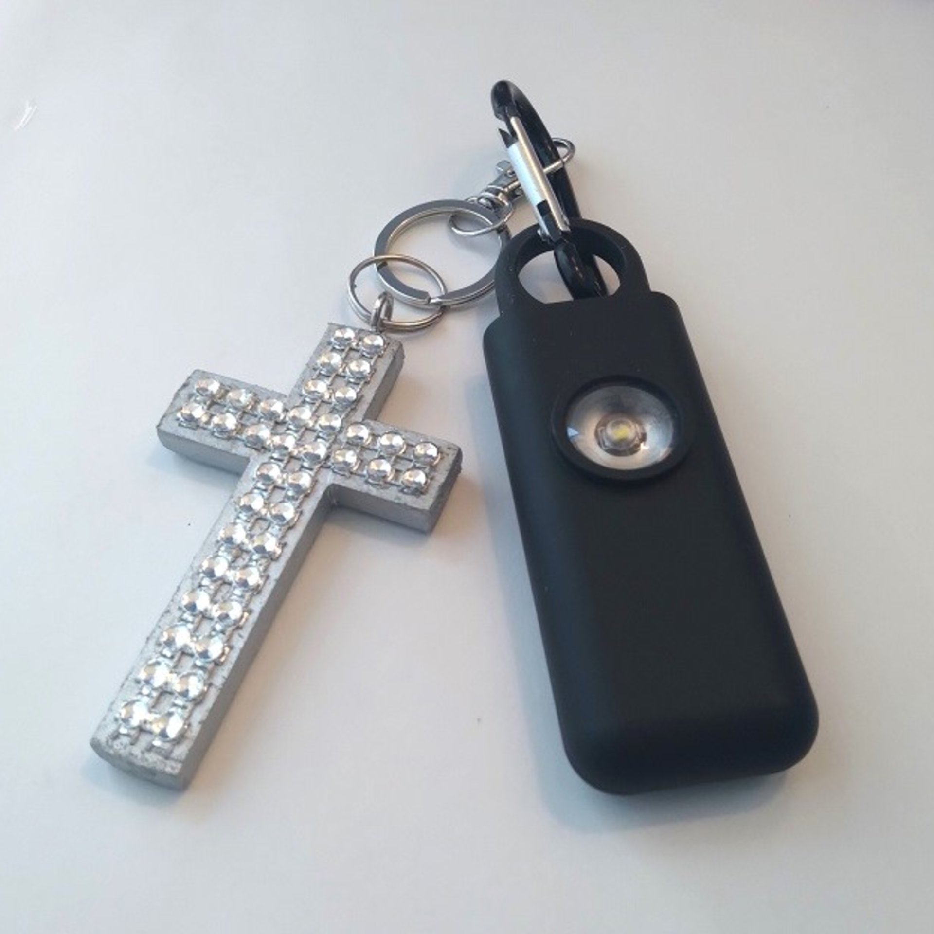 Bling Cross Keychain Safety Set -130 decibel personal alarm w/strobe light, self defense cat and handmade bling cross   