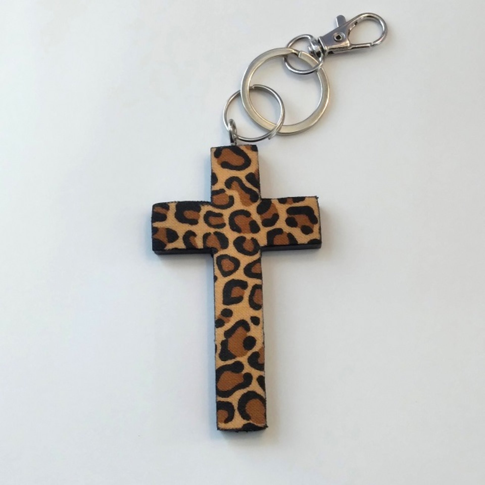 Cheetah Cross Keychain Safety Set -130 decibel personal alarm w/strobe light, self defense cat and handmade cheetah/leopard cross or purse charm