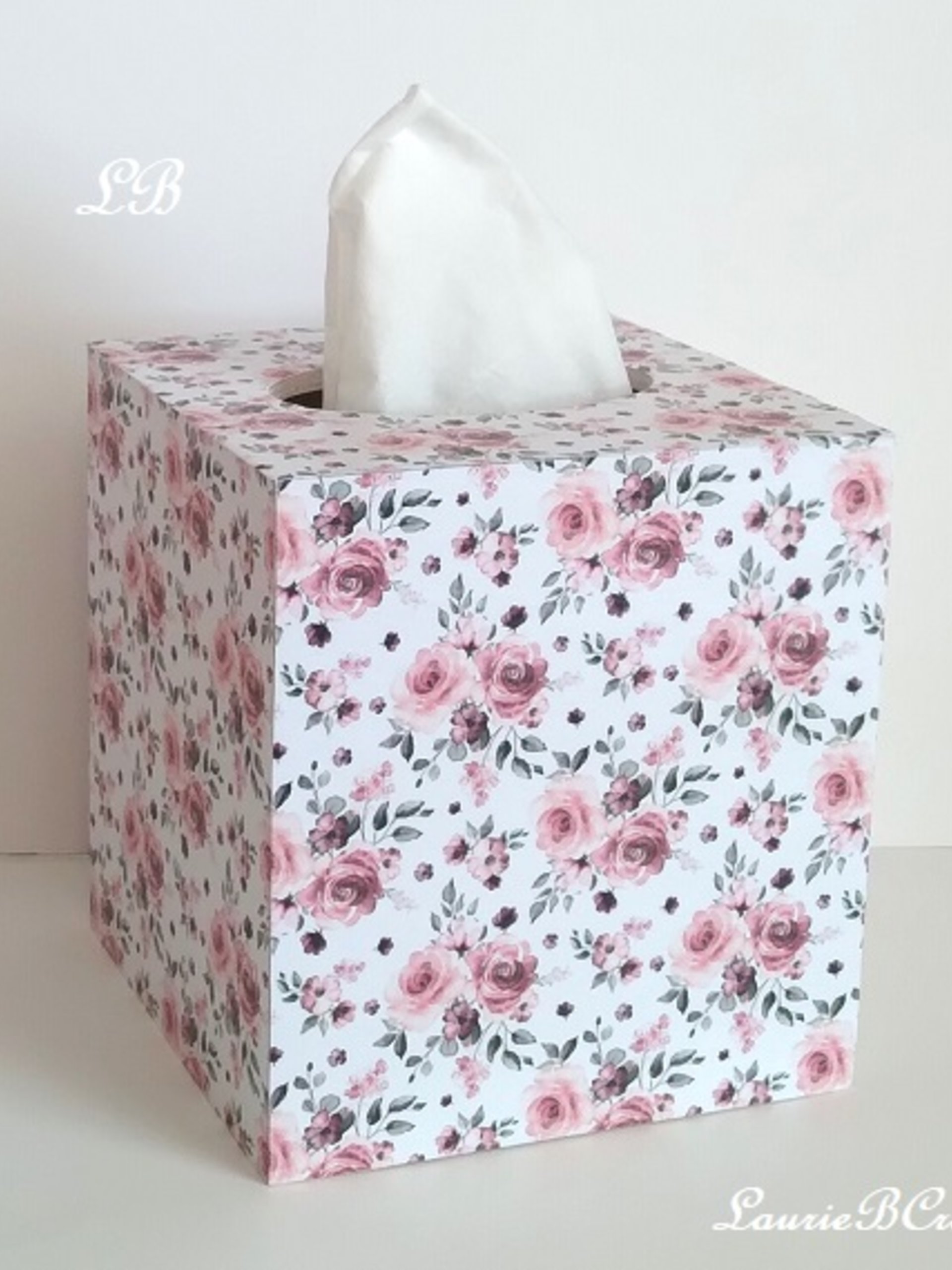 Floral Rose Tissue Box Cover - Decoupage white with shabby chic watercolor roses and leaves 