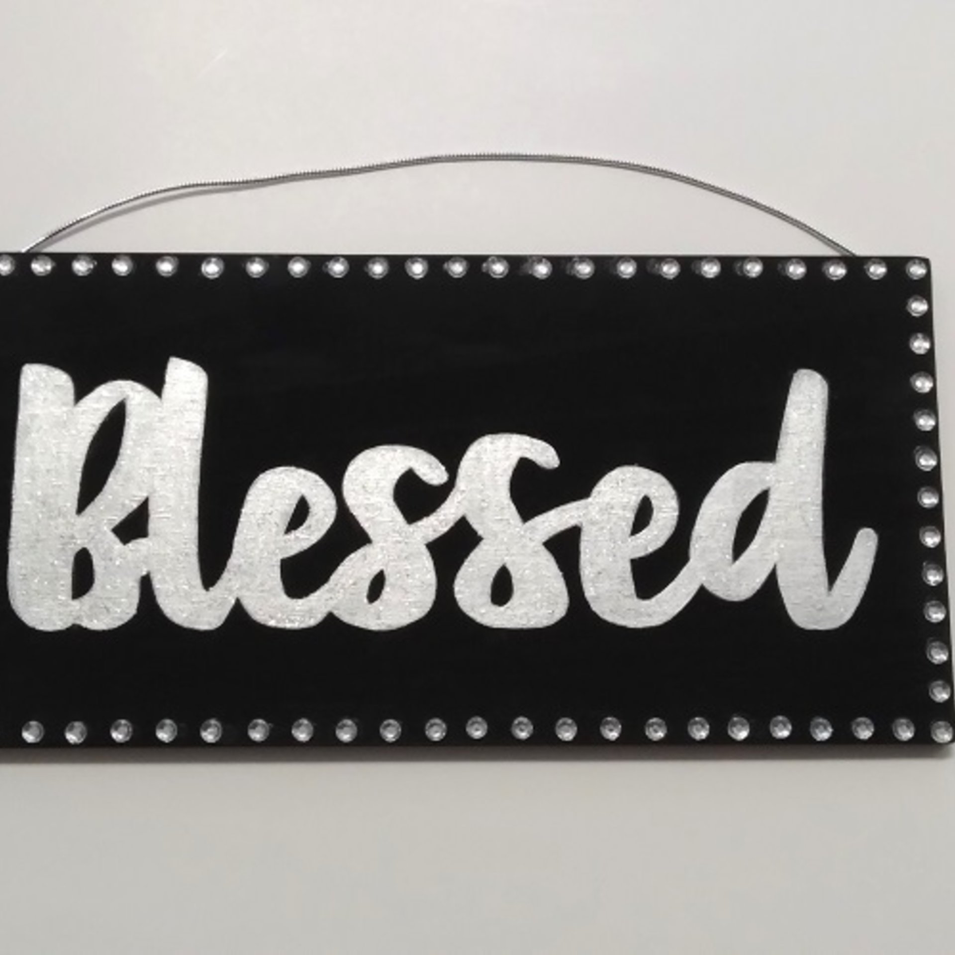 Bling Blessed Wall Sign - Handpainted Black with metallic silver, fine glitter blessed word and clear rhinestones