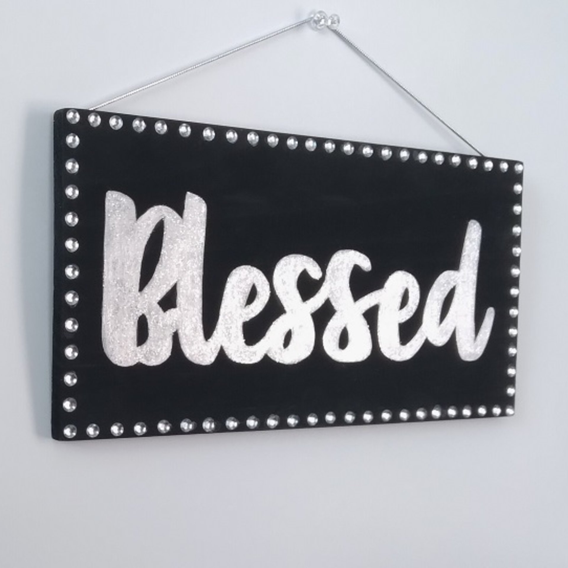 Bling Blessed Wall Sign - Handpainted Black with metallic silver, fine glitter blessed word and clear rhinestones