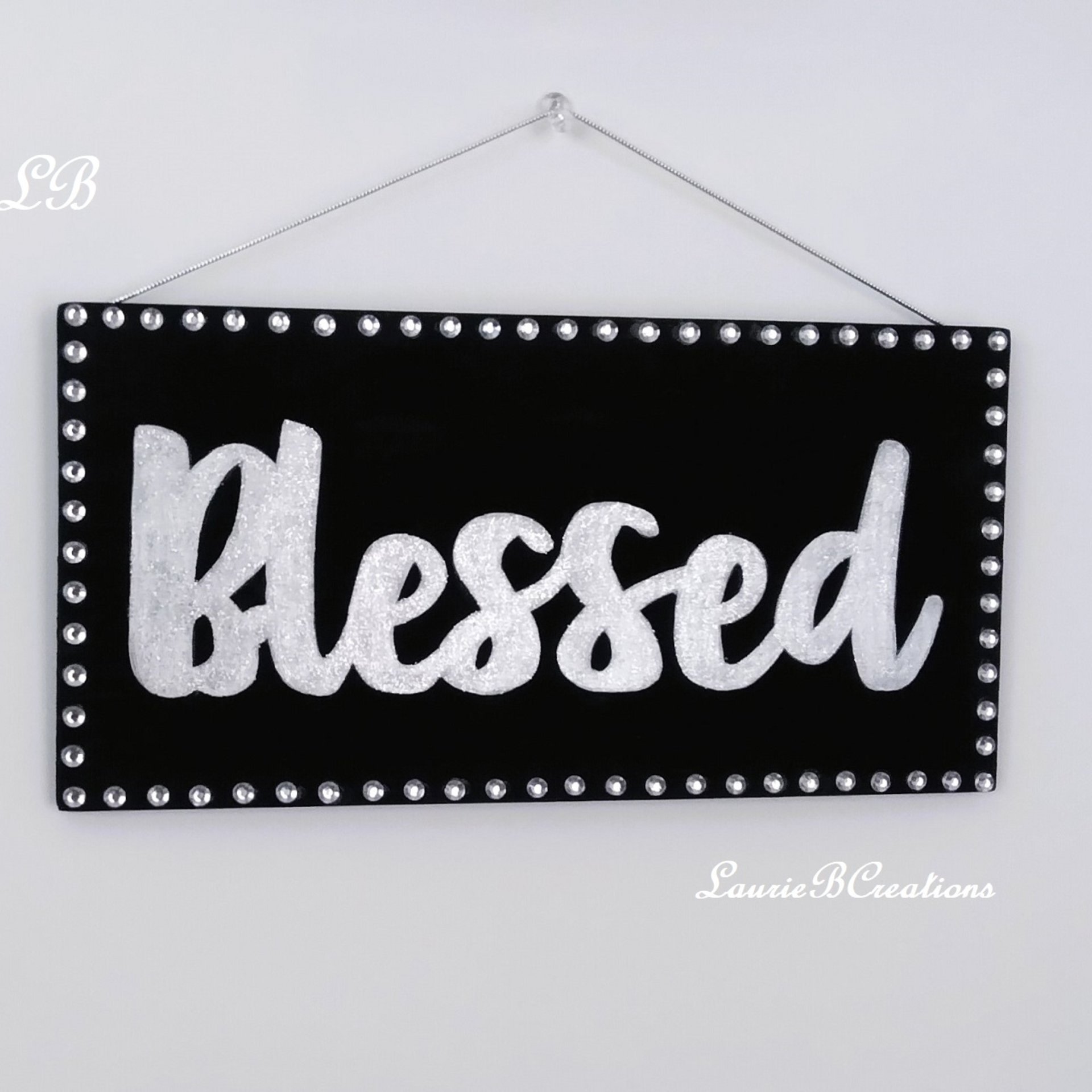 Bling Blessed Wall Sign - Handpainted Black with metallic silver, fine glitter blessed word and clear rhinestones