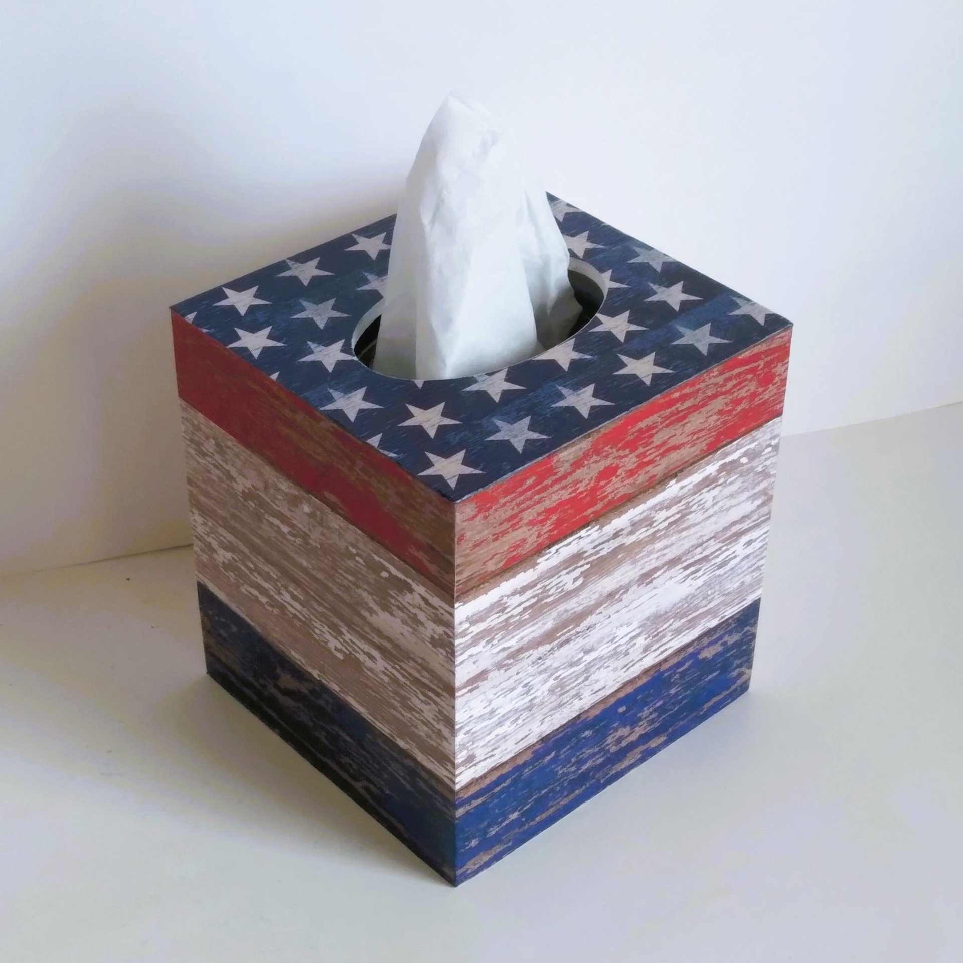 Patriotic Tissue Box Cover - Decoupage red, white and blue woodgrain design with stars