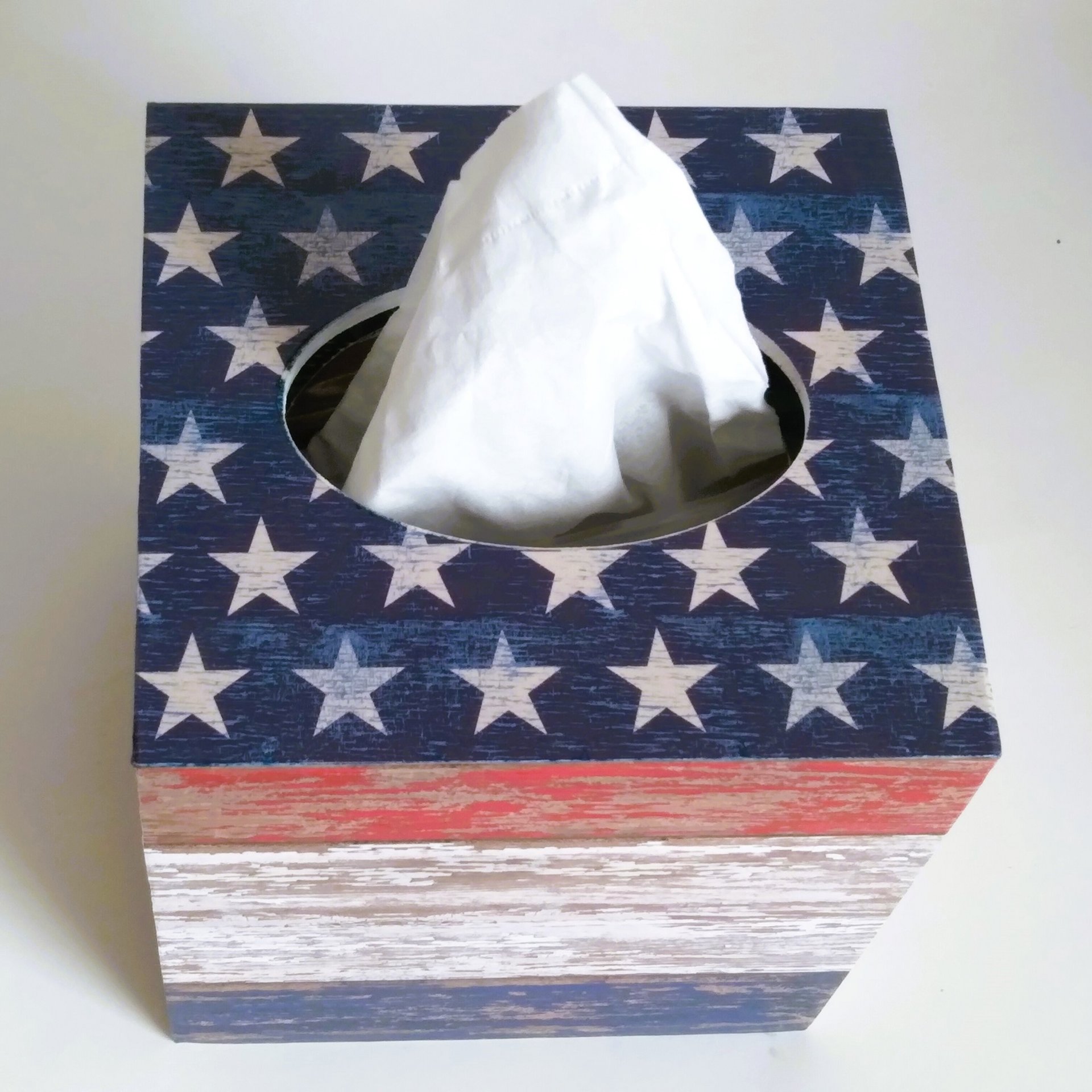 Patriotic Tissue Box Cover - Decoupage red, white and blue woodgrain design with stars