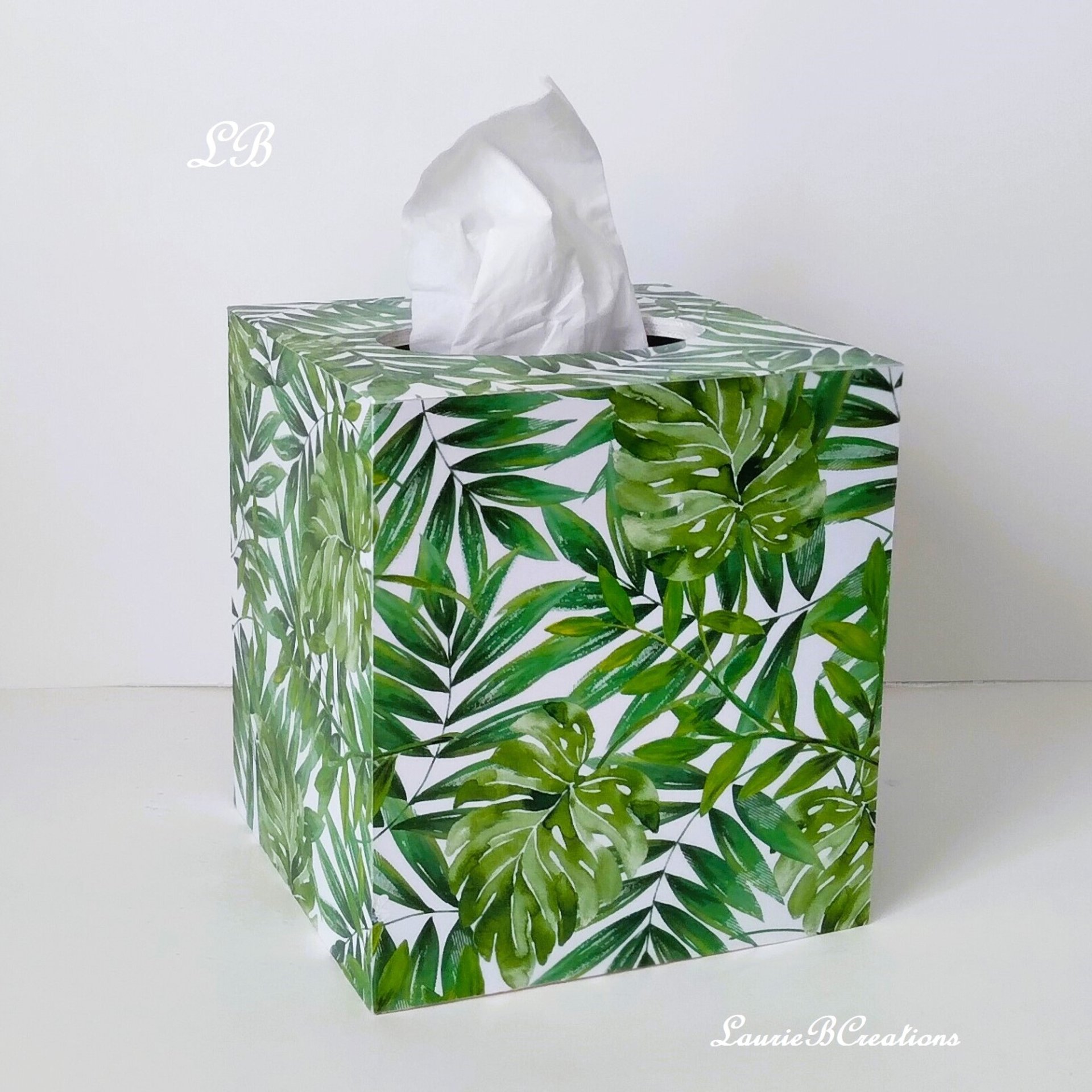 Tropical Palm Tissue Box Cover- Decoupage with green leaves on white background