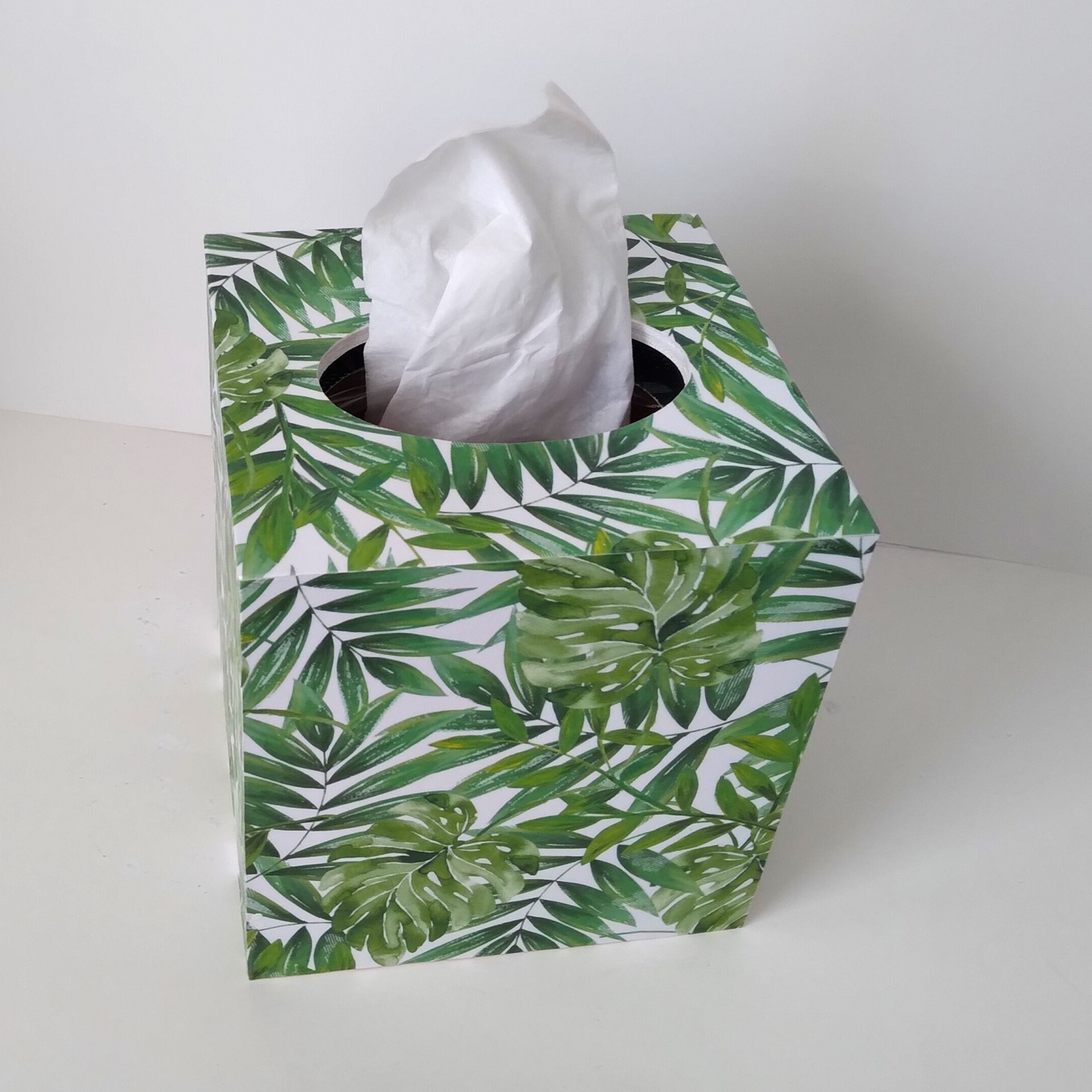 Tropical Palm Tissue Box Cover- Decoupage with green leaves on white background