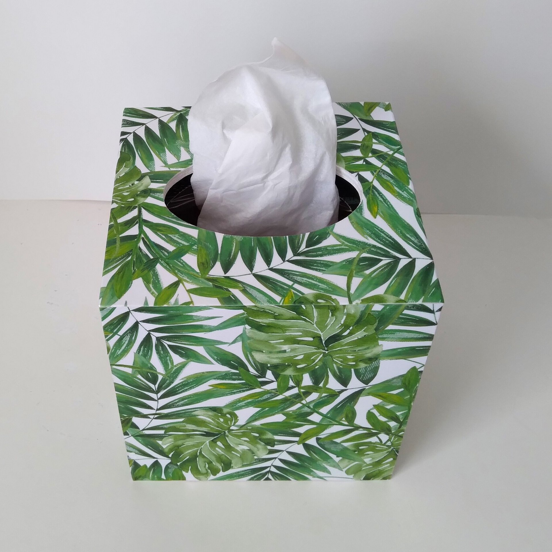 Tropical Palm Tissue Box Cover- Decoupage with green leaves on white background