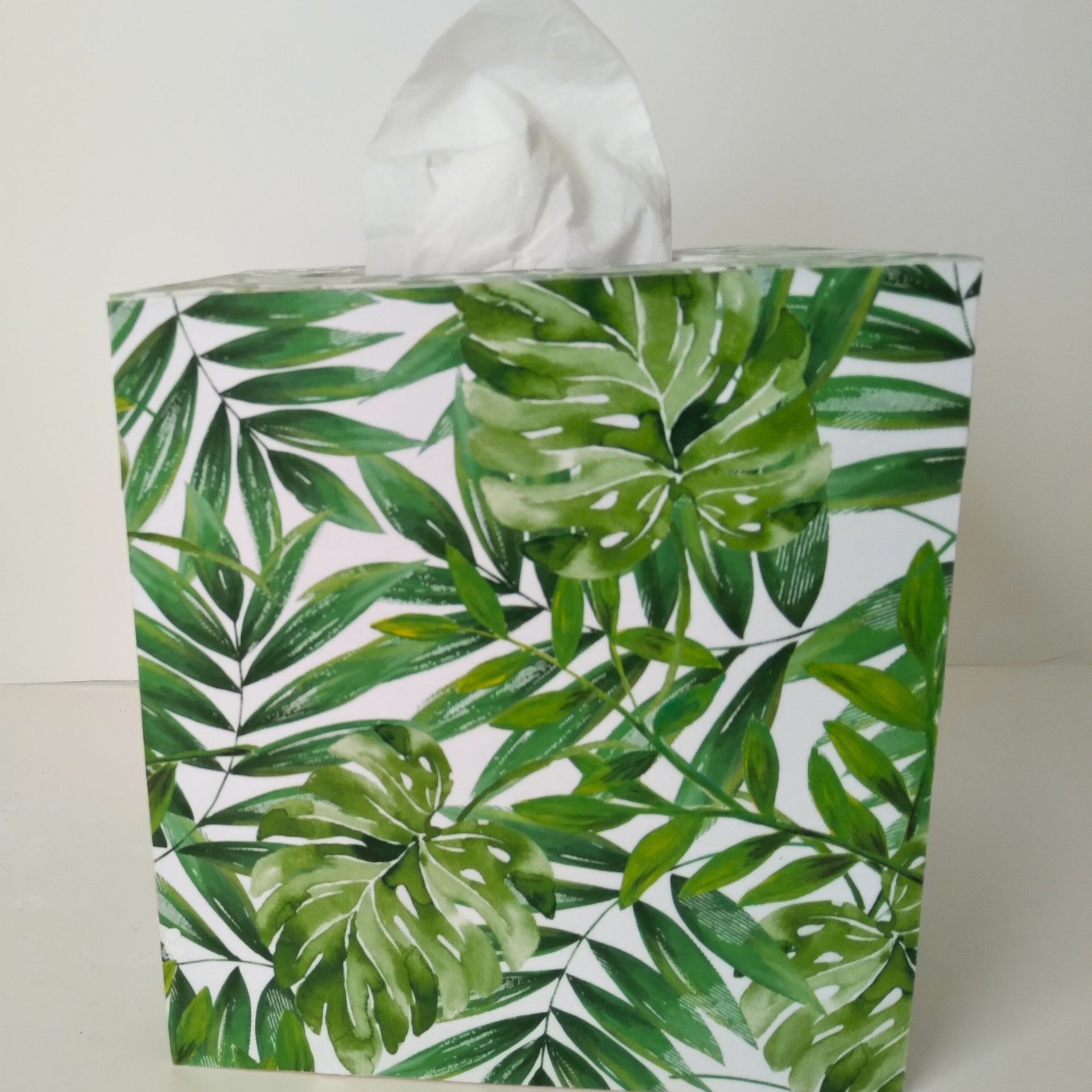Tropical Palm Tissue Box Cover- Decoupage with green leaves on white background