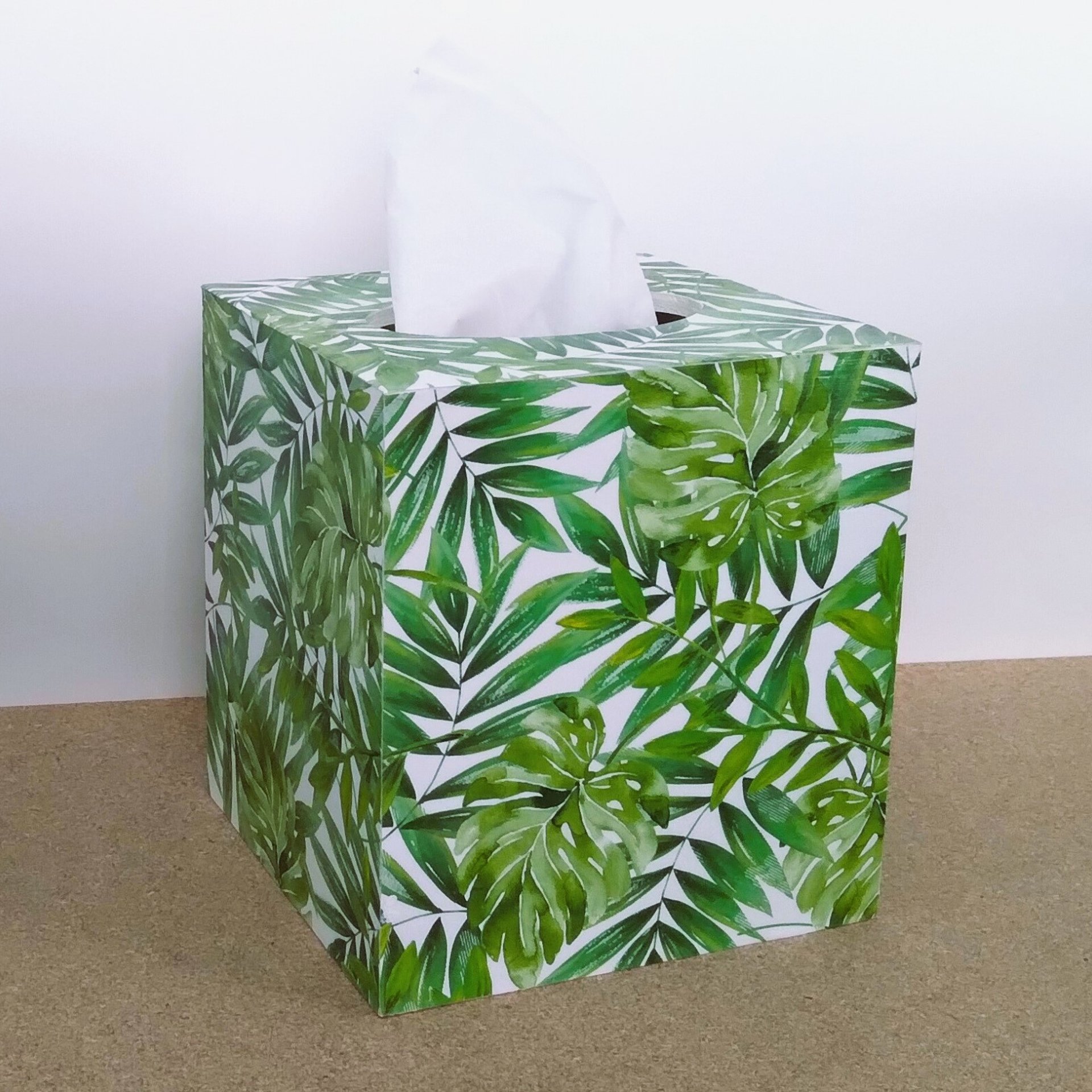 Tropical Palm Tissue Box Cover- Decoupage with green leaves on white background