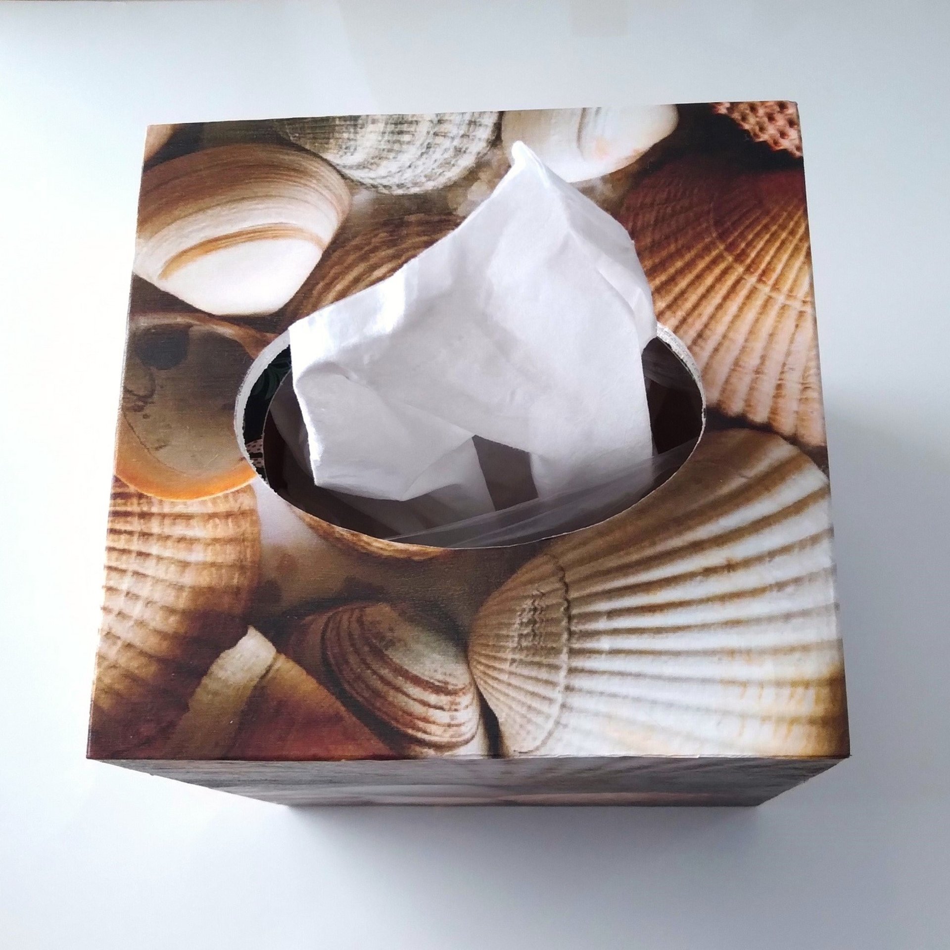 Seashells Tissue Box Cover - Decoupage square tissue holder, coastal beach decor